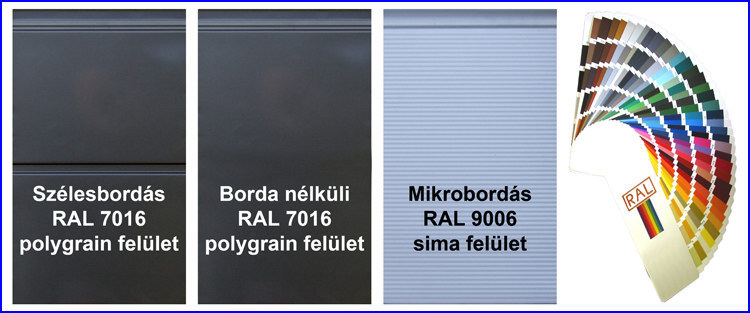 ECOTOR garázskapu szélesbordás, borda nélküli és mikrobordás mintázatú panelek, szürke és ezüstszürke színben